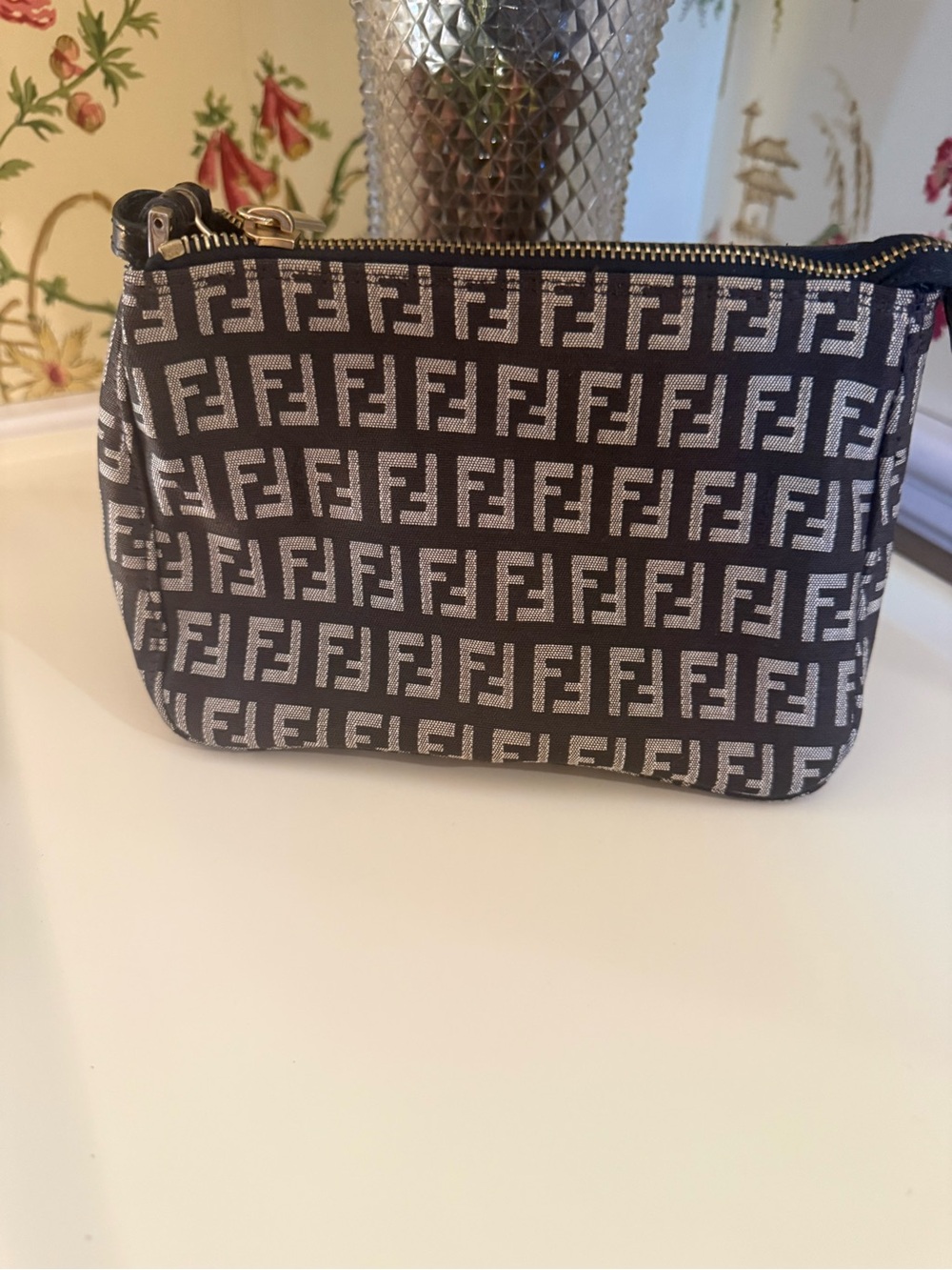 Fendi Black Zucca Pouch with Gold Hardware